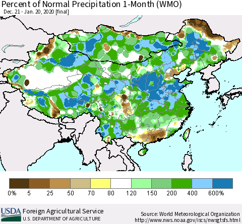 China, Mongolia and Taiwan Percent of Normal Precipitation 1-Month (WMO) Thematic Map For 12/21/2019 - 1/20/2020