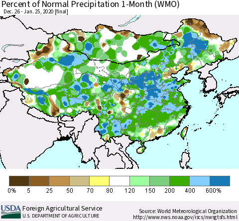 China, Mongolia and Taiwan Percent of Normal Precipitation 1-Month (WMO) Thematic Map For 12/26/2019 - 1/25/2020