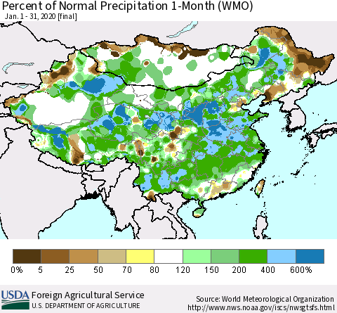 China, Mongolia and Taiwan Percent of Normal Precipitation 1-Month (WMO) Thematic Map For 1/1/2020 - 1/31/2020