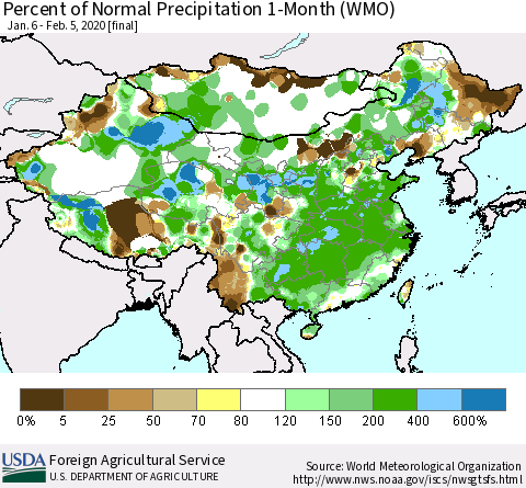 China, Mongolia and Taiwan Percent of Normal Precipitation 1-Month (WMO) Thematic Map For 1/6/2020 - 2/5/2020