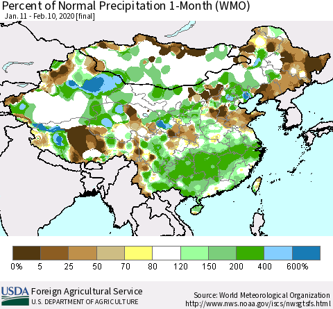 China, Mongolia and Taiwan Percent of Normal Precipitation 1-Month (WMO) Thematic Map For 1/11/2020 - 2/10/2020