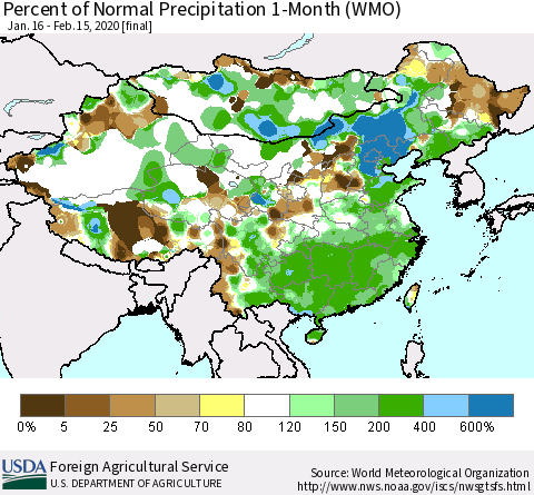 China, Mongolia and Taiwan Percent of Normal Precipitation 1-Month (WMO) Thematic Map For 1/16/2020 - 2/15/2020