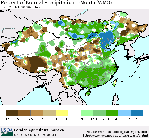 China, Mongolia and Taiwan Percent of Normal Precipitation 1-Month (WMO) Thematic Map For 1/21/2020 - 2/20/2020
