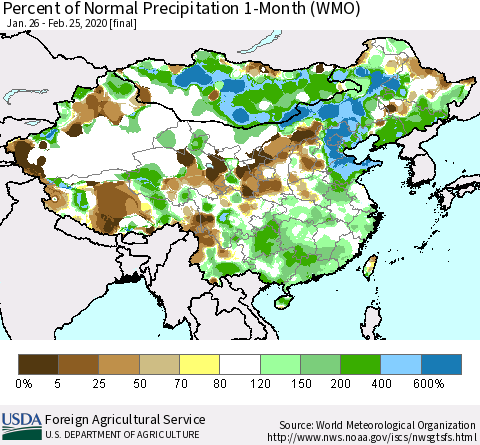 China, Mongolia and Taiwan Percent of Normal Precipitation 1-Month (WMO) Thematic Map For 1/26/2020 - 2/25/2020