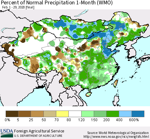 China, Mongolia and Taiwan Percent of Normal Precipitation 1-Month (WMO) Thematic Map For 2/1/2020 - 2/29/2020