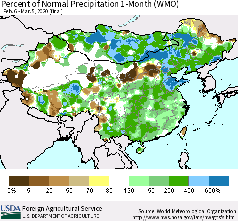 China, Mongolia and Taiwan Percent of Normal Precipitation 1-Month (WMO) Thematic Map For 2/6/2020 - 3/5/2020