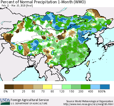 China, Mongolia and Taiwan Percent of Normal Precipitation 1-Month (WMO) Thematic Map For 2/11/2020 - 3/10/2020