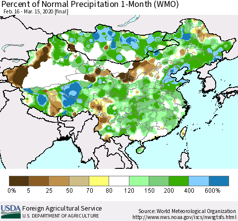 China, Mongolia and Taiwan Percent of Normal Precipitation 1-Month (WMO) Thematic Map For 2/16/2020 - 3/15/2020