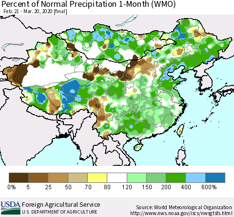 China, Mongolia and Taiwan Percent of Normal Precipitation 1-Month (WMO) Thematic Map For 2/21/2020 - 3/20/2020