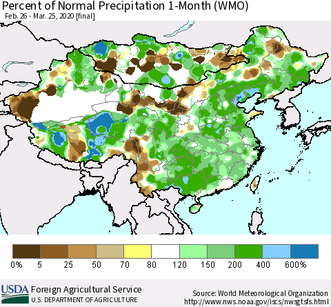 China, Mongolia and Taiwan Percent of Normal Precipitation 1-Month (WMO) Thematic Map For 2/26/2020 - 3/25/2020
