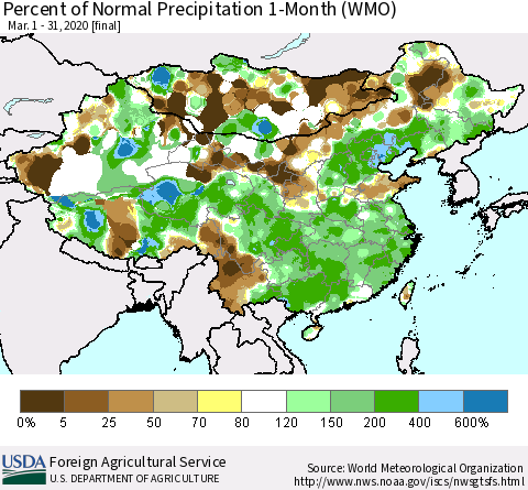 China, Mongolia and Taiwan Percent of Normal Precipitation 1-Month (WMO) Thematic Map For 3/1/2020 - 3/31/2020