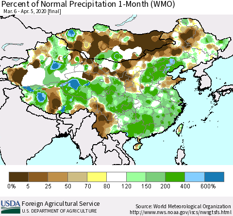 China, Mongolia and Taiwan Percent of Normal Precipitation 1-Month (WMO) Thematic Map For 3/6/2020 - 4/5/2020