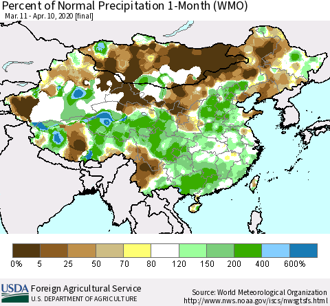 China, Mongolia and Taiwan Percent of Normal Precipitation 1-Month (WMO) Thematic Map For 3/11/2020 - 4/10/2020