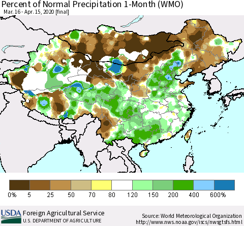 China, Mongolia and Taiwan Percent of Normal Precipitation 1-Month (WMO) Thematic Map For 3/16/2020 - 4/15/2020