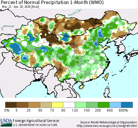 China, Mongolia and Taiwan Percent of Normal Precipitation 1-Month (WMO) Thematic Map For 3/21/2020 - 4/20/2020