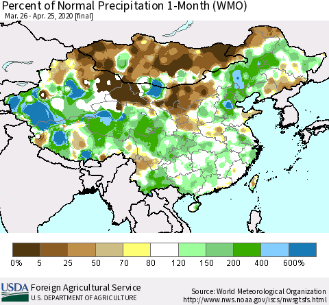 China, Mongolia and Taiwan Percent of Normal Precipitation 1-Month (WMO) Thematic Map For 3/26/2020 - 4/25/2020