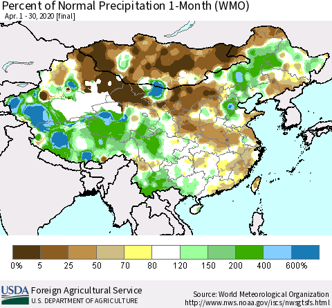 China, Mongolia and Taiwan Percent of Normal Precipitation 1-Month (WMO) Thematic Map For 4/1/2020 - 4/30/2020