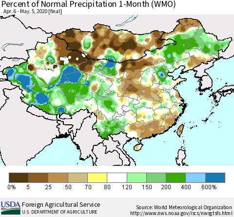 China, Mongolia and Taiwan Percent of Normal Precipitation 1-Month (WMO) Thematic Map For 4/6/2020 - 5/5/2020