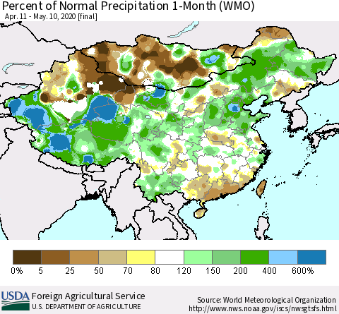 China, Mongolia and Taiwan Percent of Normal Precipitation 1-Month (WMO) Thematic Map For 4/11/2020 - 5/10/2020