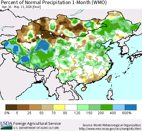 China, Mongolia and Taiwan Percent of Normal Precipitation 1-Month (WMO) Thematic Map For 4/16/2020 - 5/15/2020