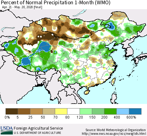 China, Mongolia and Taiwan Percent of Normal Precipitation 1-Month (WMO) Thematic Map For 4/21/2020 - 5/20/2020