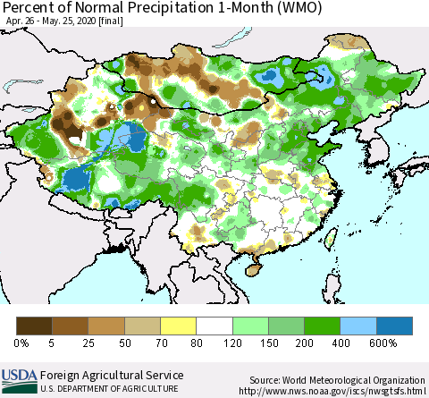China, Mongolia and Taiwan Percent of Normal Precipitation 1-Month (WMO) Thematic Map For 4/26/2020 - 5/25/2020