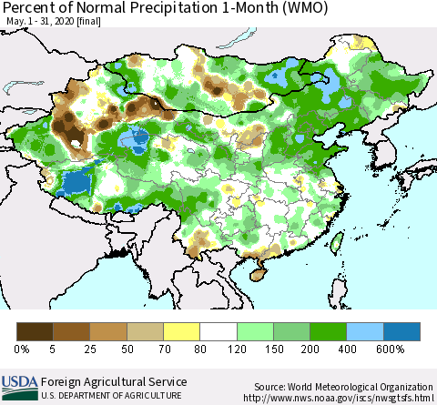 China, Mongolia and Taiwan Percent of Normal Precipitation 1-Month (WMO) Thematic Map For 5/1/2020 - 5/31/2020