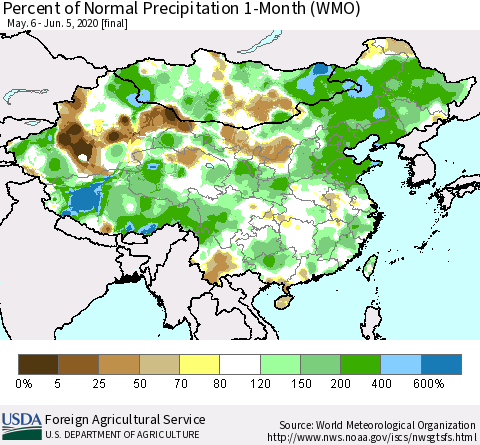 China, Mongolia and Taiwan Percent of Normal Precipitation 1-Month (WMO) Thematic Map For 5/6/2020 - 6/5/2020