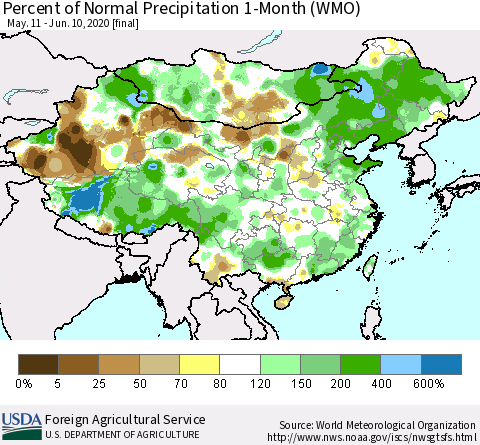 China, Mongolia and Taiwan Percent of Normal Precipitation 1-Month (WMO) Thematic Map For 5/11/2020 - 6/10/2020