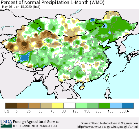 China, Mongolia and Taiwan Percent of Normal Precipitation 1-Month (WMO) Thematic Map For 5/16/2020 - 6/15/2020