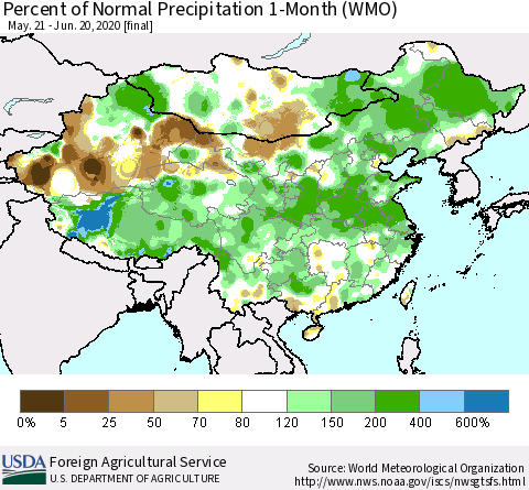 China, Mongolia and Taiwan Percent of Normal Precipitation 1-Month (WMO) Thematic Map For 5/21/2020 - 6/20/2020