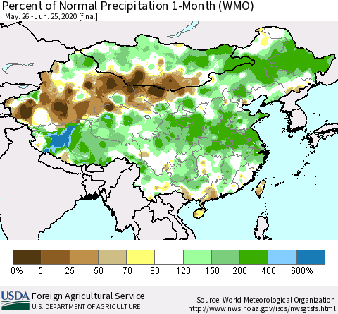 China, Mongolia and Taiwan Percent of Normal Precipitation 1-Month (WMO) Thematic Map For 5/26/2020 - 6/25/2020