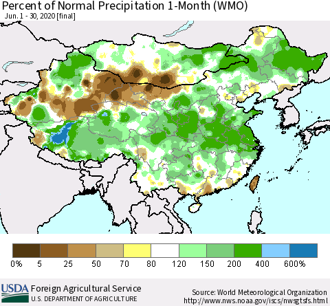 China, Mongolia and Taiwan Percent of Normal Precipitation 1-Month (WMO) Thematic Map For 6/1/2020 - 6/30/2020