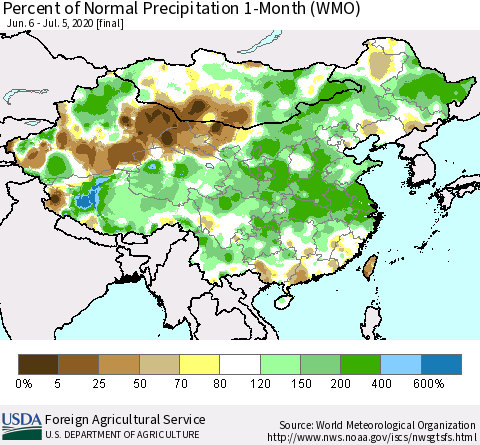 China, Mongolia and Taiwan Percent of Normal Precipitation 1-Month (WMO) Thematic Map For 6/6/2020 - 7/5/2020