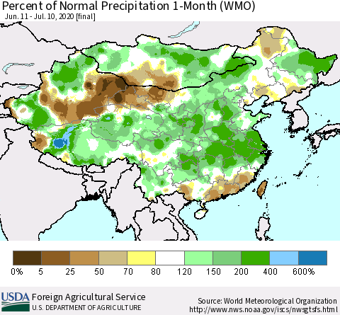 China, Mongolia and Taiwan Percent of Normal Precipitation 1-Month (WMO) Thematic Map For 6/11/2020 - 7/10/2020