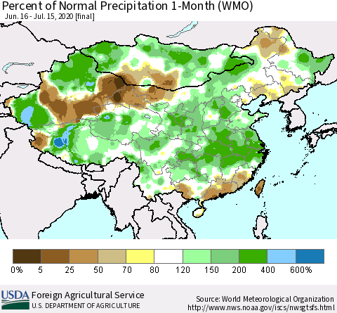 China, Mongolia and Taiwan Percent of Normal Precipitation 1-Month (WMO) Thematic Map For 6/16/2020 - 7/15/2020