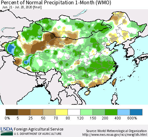 China, Mongolia and Taiwan Percent of Normal Precipitation 1-Month (WMO) Thematic Map For 6/21/2020 - 7/20/2020