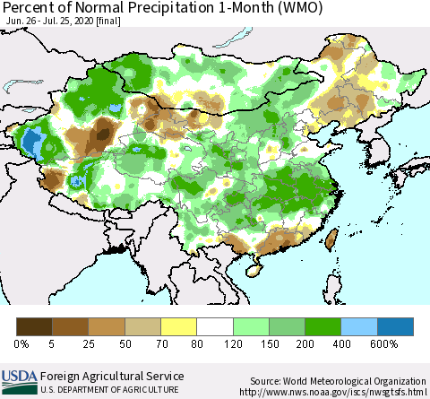 China, Mongolia and Taiwan Percent of Normal Precipitation 1-Month (WMO) Thematic Map For 6/26/2020 - 7/25/2020