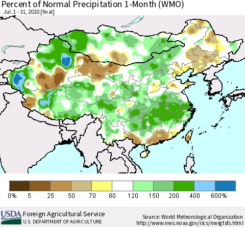China, Mongolia and Taiwan Percent of Normal Precipitation 1-Month (WMO) Thematic Map For 7/1/2020 - 7/31/2020