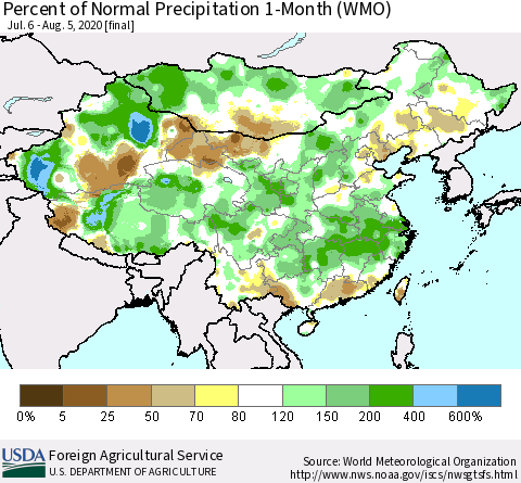 China, Mongolia and Taiwan Percent of Normal Precipitation 1-Month (WMO) Thematic Map For 7/6/2020 - 8/5/2020