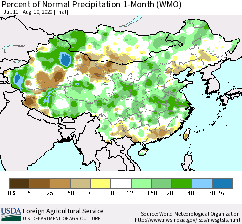 China, Mongolia and Taiwan Percent of Normal Precipitation 1-Month (WMO) Thematic Map For 7/11/2020 - 8/10/2020