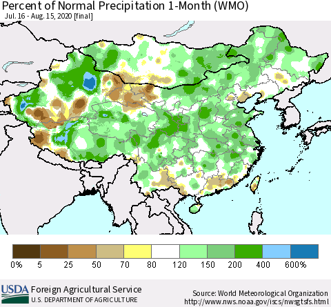 China, Mongolia and Taiwan Percent of Normal Precipitation 1-Month (WMO) Thematic Map For 7/16/2020 - 8/15/2020