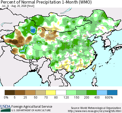 China, Mongolia and Taiwan Percent of Normal Precipitation 1-Month (WMO) Thematic Map For 7/21/2020 - 8/20/2020