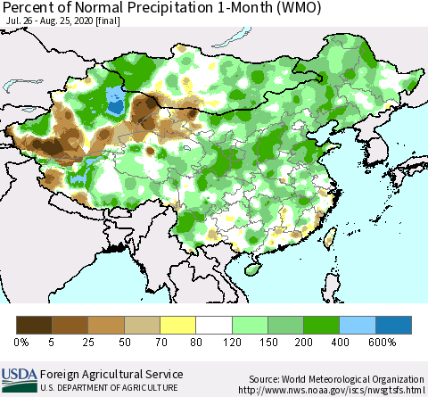 China, Mongolia and Taiwan Percent of Normal Precipitation 1-Month (WMO) Thematic Map For 7/26/2020 - 8/25/2020