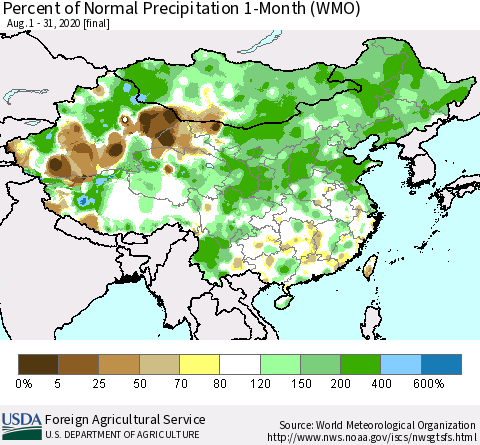 China, Mongolia and Taiwan Percent of Normal Precipitation 1-Month (WMO) Thematic Map For 8/1/2020 - 8/31/2020