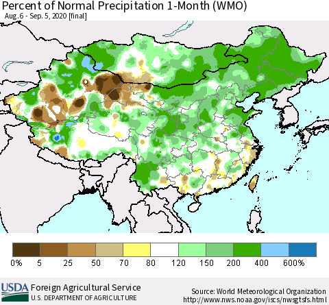 China, Mongolia and Taiwan Percent of Normal Precipitation 1-Month (WMO) Thematic Map For 8/6/2020 - 9/5/2020