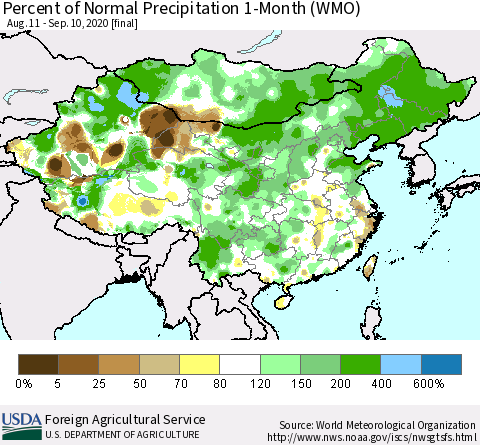 China, Mongolia and Taiwan Percent of Normal Precipitation 1-Month (WMO) Thematic Map For 8/11/2020 - 9/10/2020