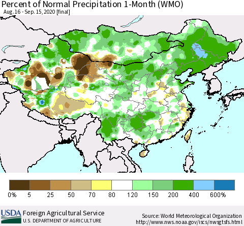 China, Mongolia and Taiwan Percent of Normal Precipitation 1-Month (WMO) Thematic Map For 8/16/2020 - 9/15/2020