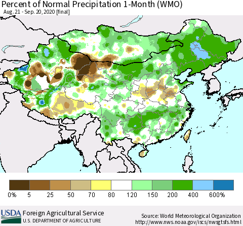 China, Mongolia and Taiwan Percent of Normal Precipitation 1-Month (WMO) Thematic Map For 8/21/2020 - 9/20/2020