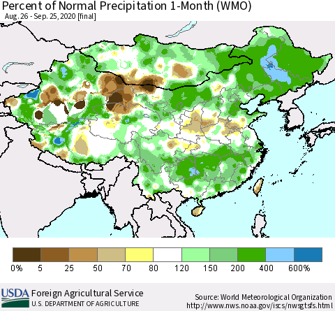 China, Mongolia and Taiwan Percent of Normal Precipitation 1-Month (WMO) Thematic Map For 8/26/2020 - 9/25/2020